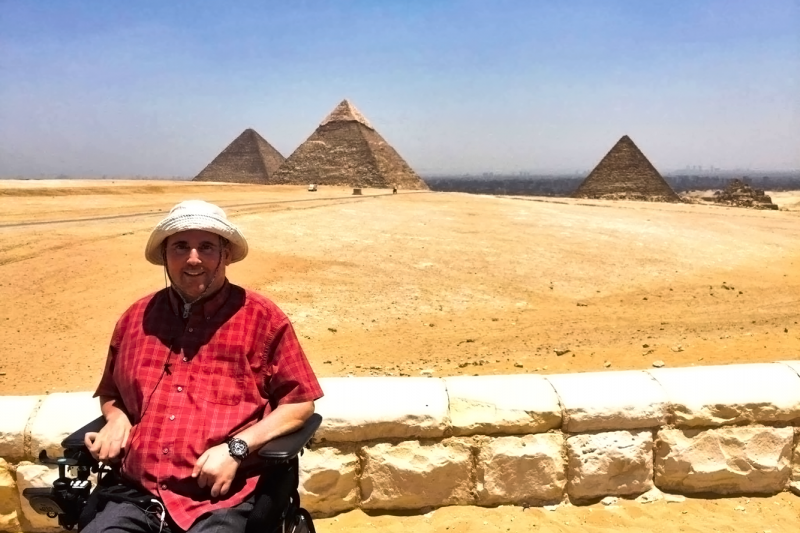 A wheelchair user explores the pyramids