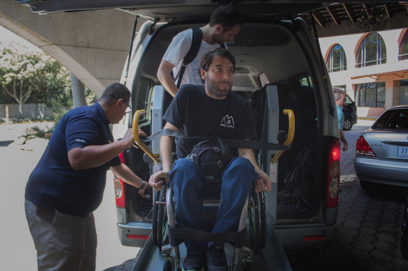 A wheelchair users can ride the accessible van without getting out of their wheelchair