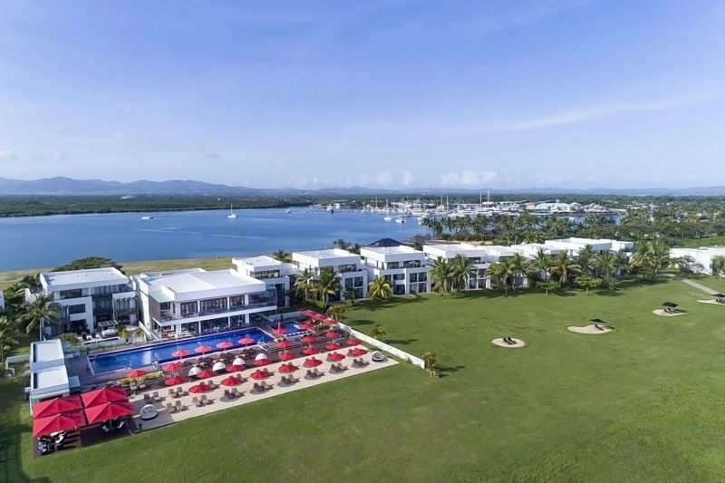 Overhead view of Hilton Fiji Beach Resort and Spa with sprawling lawns and waterside location