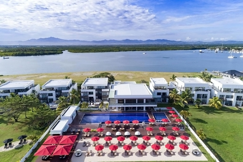 Overhead view of Hilton Fiji Beach Resort and Spa with large pool and waterside location