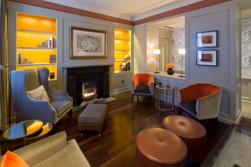 Hotel library with fireplace
