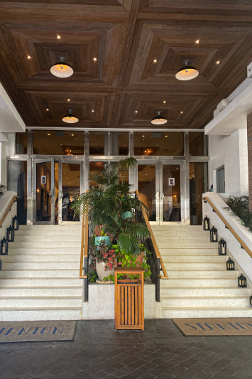 The stairs up to the hotel lobby