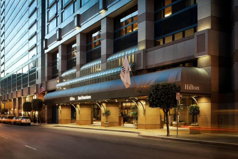 Hotel entrance and facade with large sidewalk