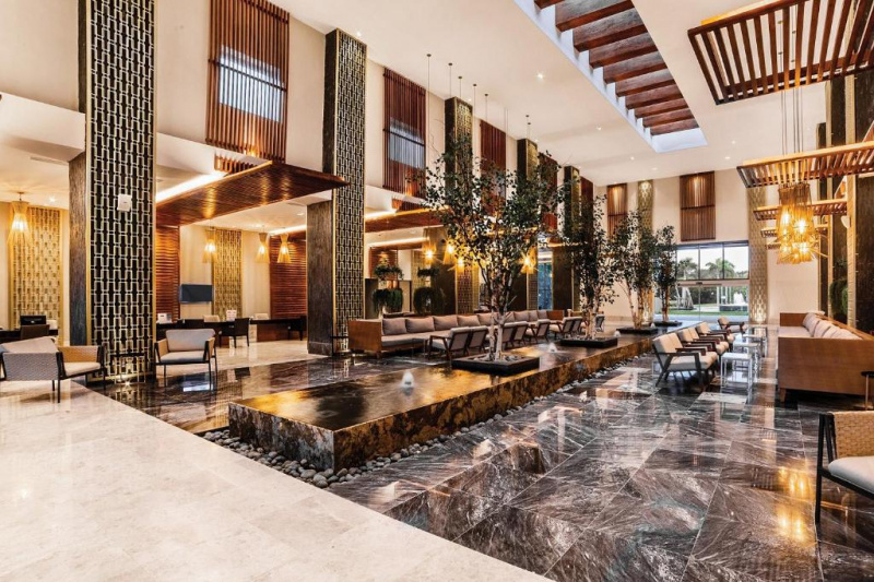 Lobby with fountain and seating area