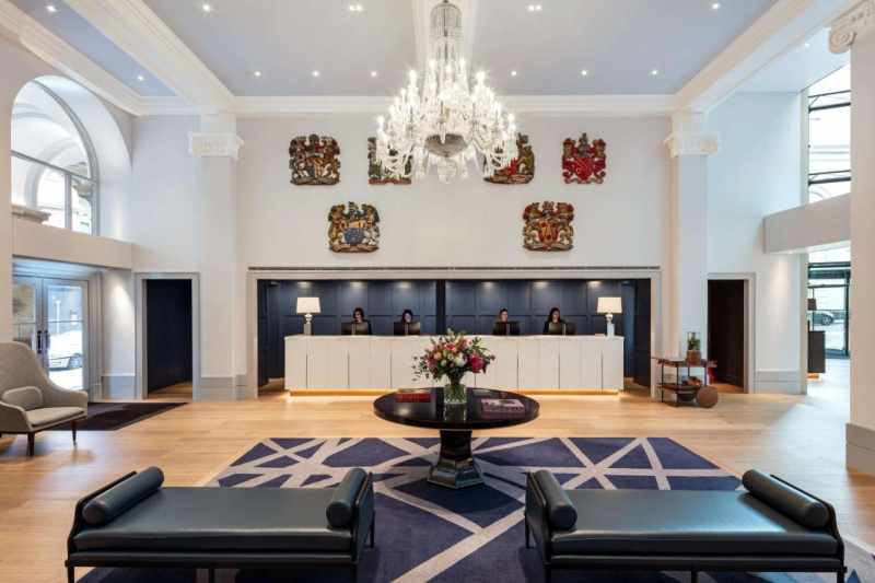 Spacious reception area with standing desks