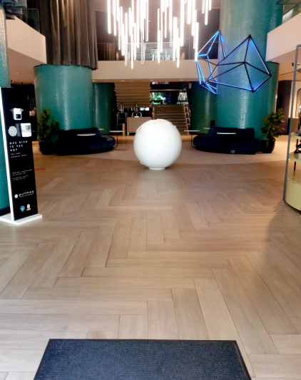 Lobby area with modern art