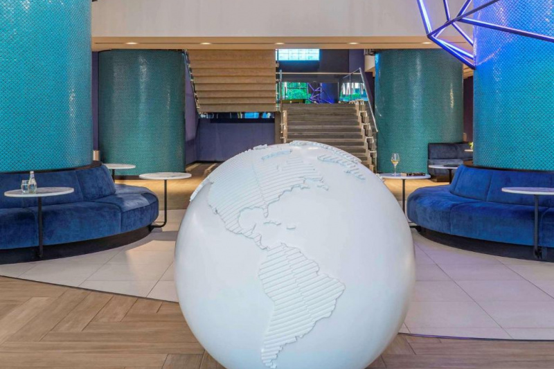 Lobby area with modern art and seating area