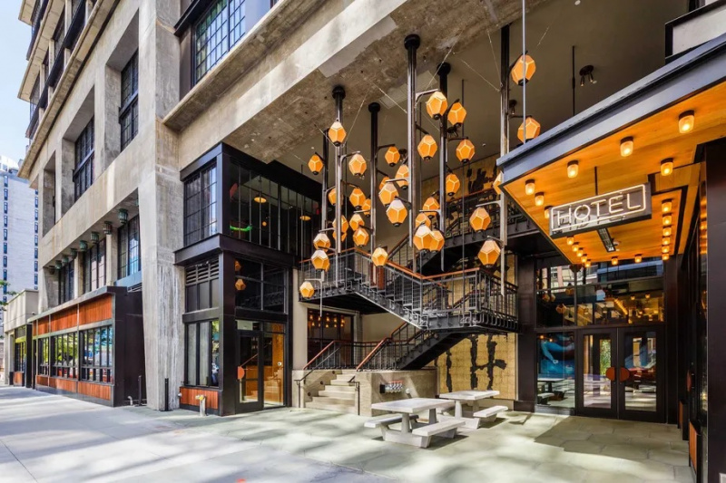 Hotel entrance with geometric lanterns