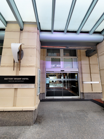 Covered hotel entrance with automatic doors
