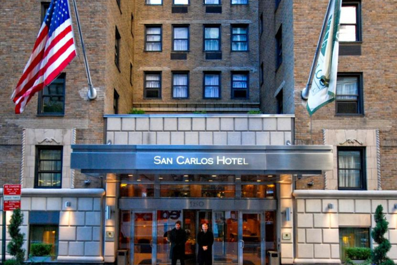 Hotel entrance with flags
