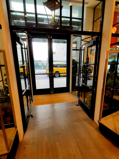 Hotel entrance viewed from the lobby
