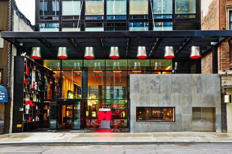 Step-free hotel entrance with large glass doors