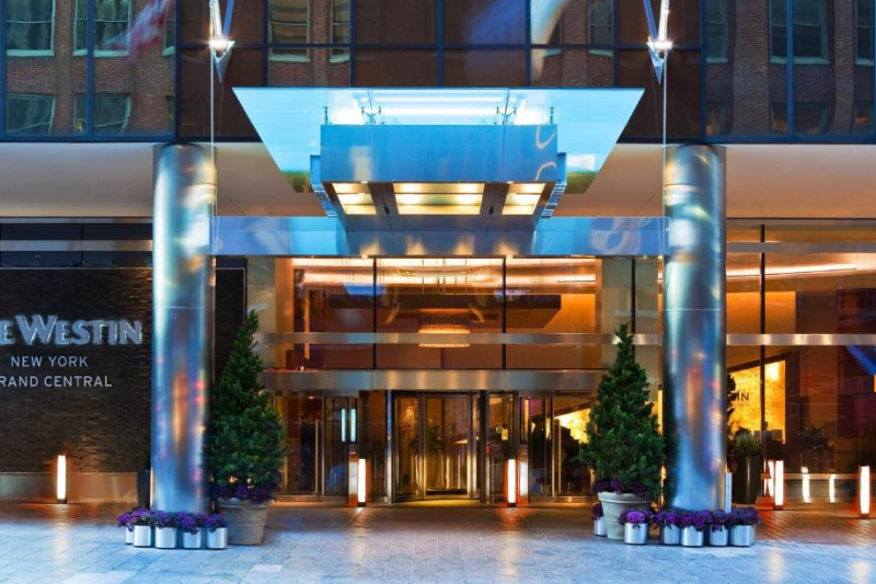 Hotel entrance with glass facade