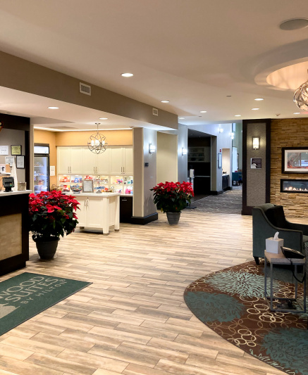 Lobby with reception desk and seating area