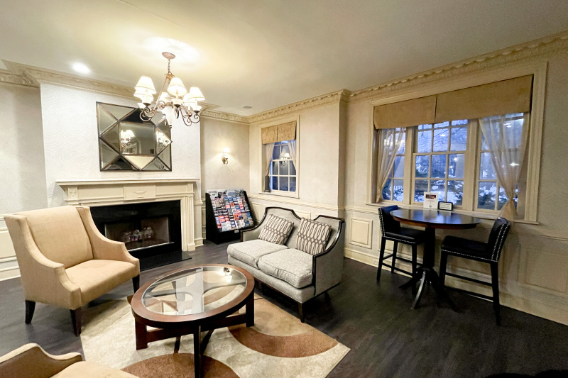 Lobby seating area with fireplace
