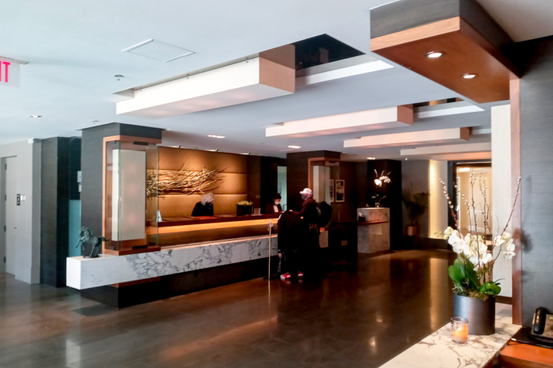 Front desk area with marble detailing
