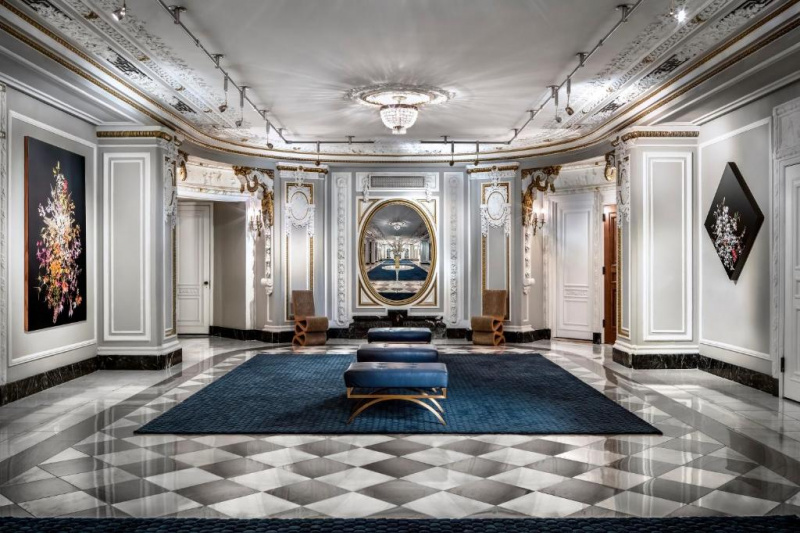 Lobby seating area with upscale decor and art