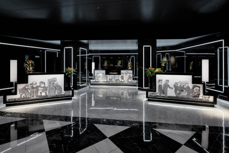 Front desk with quirky black and white decor