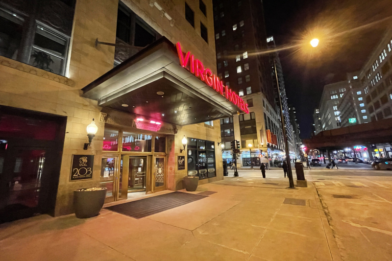 Hotel entrance with revolving and accessible doors
