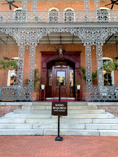 Hotel entrance accessed by steps