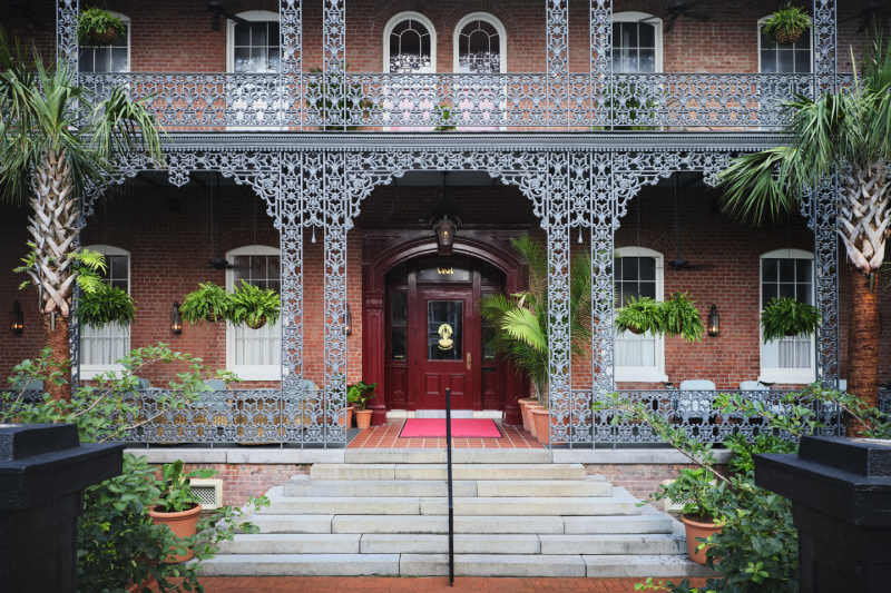 Hotel building with decorative ironwork