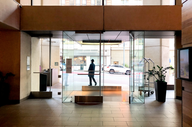 Hotel entrance viewed from inside