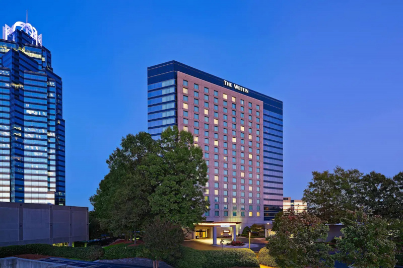 The 18 story hotel has a covered drive-up area leading to a step-free entrance.