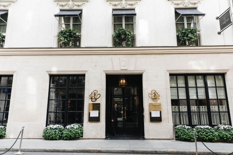 The hotel entrance, via a set of double doors