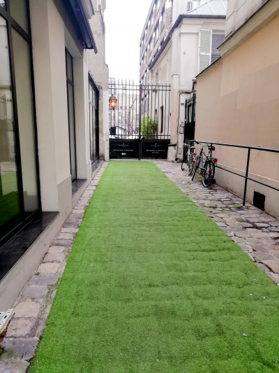 The main entrance to the hotel, which has a step