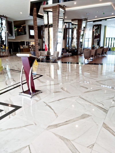 Lobby with marble flooring and modern decor
