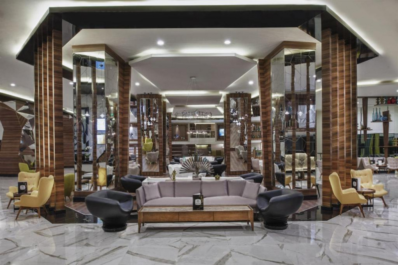 Lobby seating area with modern decor and sofas