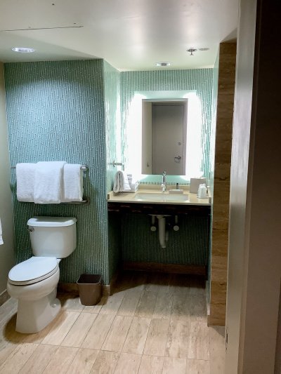 The ensuite restroom has an accessible sink with a large well-lit mirror.