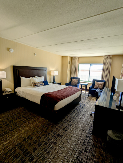 The deluxe king room has a seating area with two armchairs with a side table and a king-sized bed with nightstands.