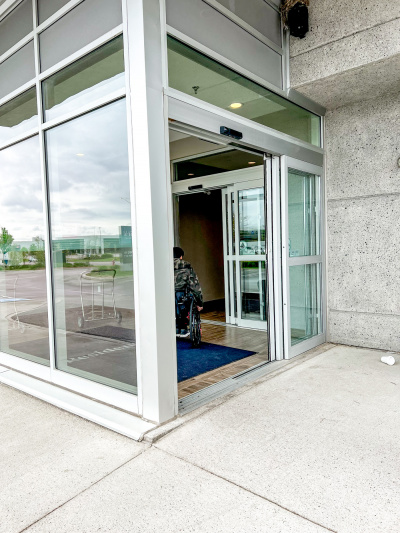 The glass entrance has step-free access and wide automatic doors.
