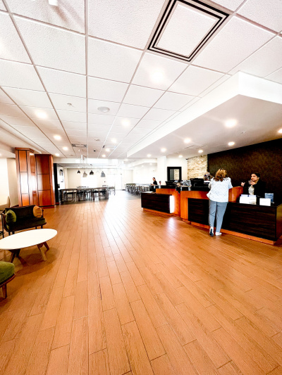 The lobby is spacious and the reception desk has a lowered counter for wheelchair access.