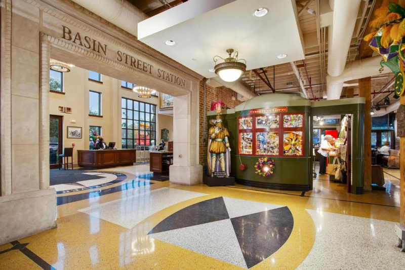 The hotel is in Basin Street Station and has a gift shop designed to look like a streetcar.