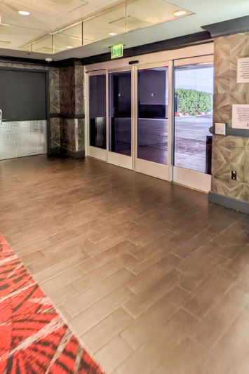 There is step-free entry to the hotel through wide sliding doors with a push-button to open.