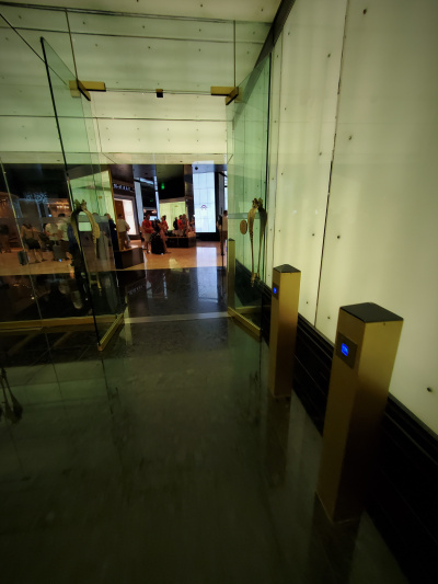 There is a step-free entrance leading to a set of glass double doors. There are sensors to the side of the first doors on one side.