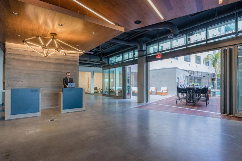 The lobby is step-free and has two standard height reception desks.