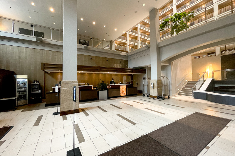 The spacious lobby has two check-in desks each with dropped counter areas for wheelchair accessibility.