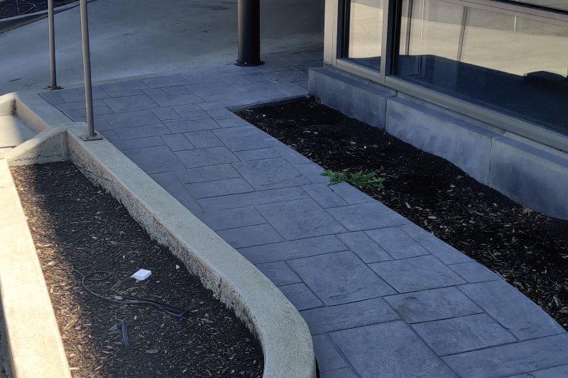 There is a paved ramp leading up to the hotel entrance. The ramp does not have handrails.