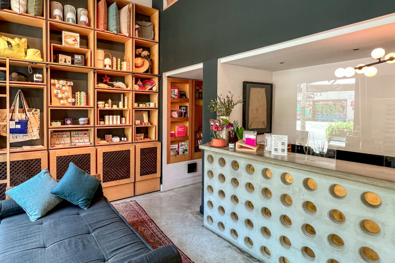 The reception area has a high countertop. There is very little space to move around.