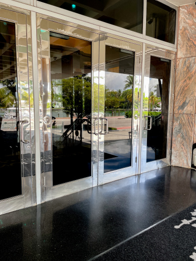 There is step-free access to the hotel through a set of large, automatic, glass doors.