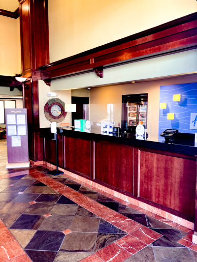 The step-free reception area has a high check-in desk.