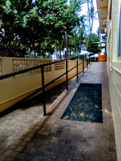 There is a wide ramp with handrails.  In the middle of the ramp there is a mat.