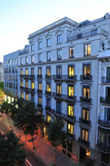 An aerial view of the hotel. The 7 story building is on the sidewalk which is lined with tall trees.