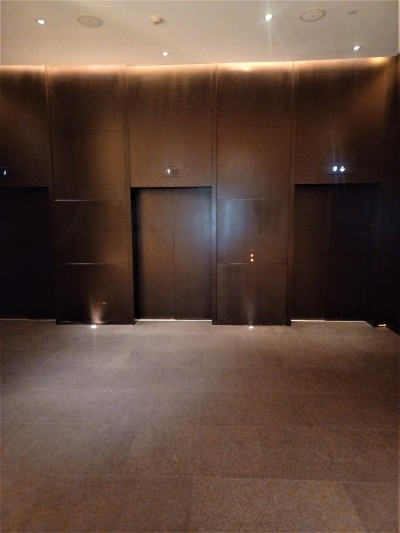 The spacious, step-free area has 3 elevators with accessible call buttons.