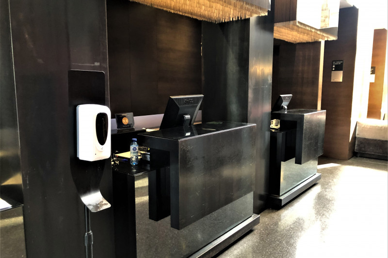 The spacious reception area has 2 check-in desks with high counters. The area is step-free.