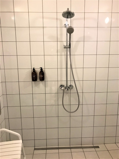The roll-in shower has a handheld shower head and a shower seat. There are no grab bars.