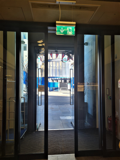 Access to the hotel is through 2 sets of doors. One is automatic and one is manual.